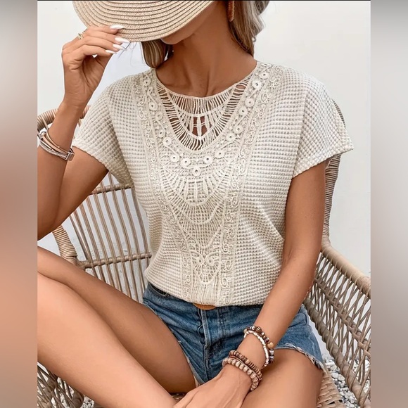 ❤️ Lace Splicing Crew Neck Sweater T-shirt, Casual Short Sleeve Top - Picture 2 of 4